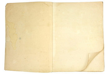 Old blank open book with grungy pages, isolated on white background.