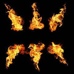 Fire flames collection isolated on black background