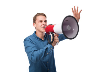 young man shouting with megaphone