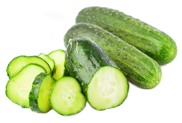 thin sliced cucumber on a white background