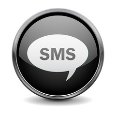 Button. Black shiny glass round button with metal frame. SMS icon