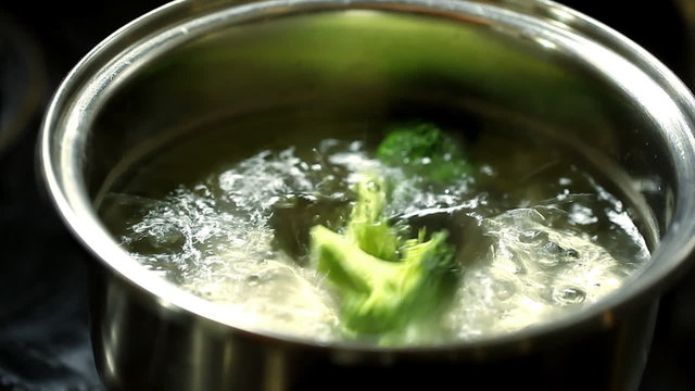 pieces of broccoli in boiling water
