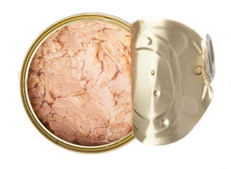 open tuna tin on a white background