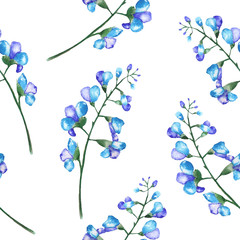 Seamless floral pattern with the branches of blue flowers (bluebell), painted in a watercolor on a white background