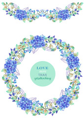 Frame border, garland and wreath of the blue Hydrangea flowers and green leaves, painted in a watercolor on a white background, a greeting card, decoration postcard or invitation