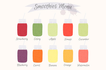 Collection of ten healthy fruit smoothies.
