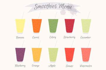 Collection of ten healthy fruit smoothies.