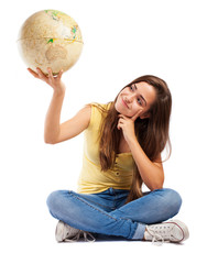 girl holding a world globe isolated on a white background