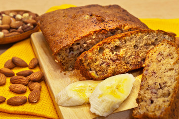 Homemade banana cake with cinnamon and nuts. Using overripe bananas