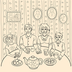 Семейное чаепитие за круглым столом, линейный рисунок