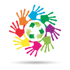 Vector concept circle of hands, green recycle symbol