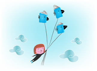 Girl flying with books, vector illustration