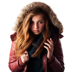 young pretty woman wearing a hood isolated on white