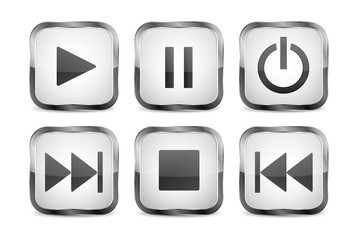 Buttons. white shiny glass square button with metal frame. Set audio icon: power, play, stop, pause. 