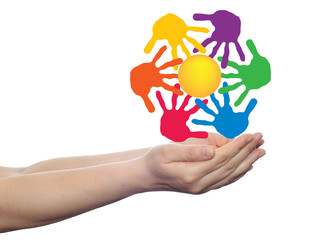 Concept circle of hands, yellow sun symbol