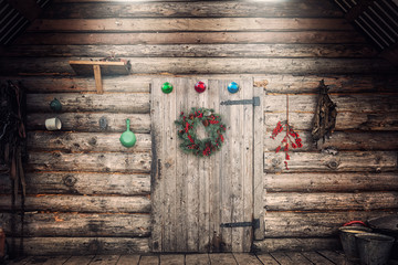 Farmhouse wall with Christmas decorations
