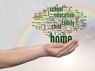 Conceptual education word cloud over rainbow