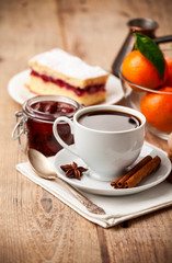 Cup coffee breakfast rustic style on wooden board