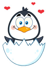 Happy Baby Penguin Cartoon Character Hatching From An Egg