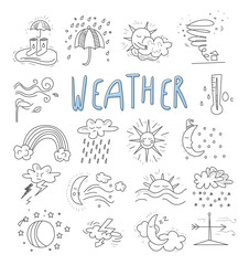 Hand draw cartoon weather events doodle icons 