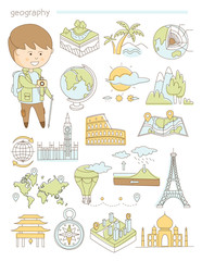 Geography and travel, teacher geographer Doodle style icons big set vector