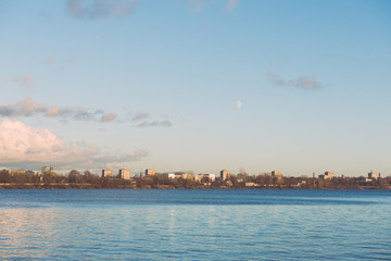 White clouds over the river - vintage effect