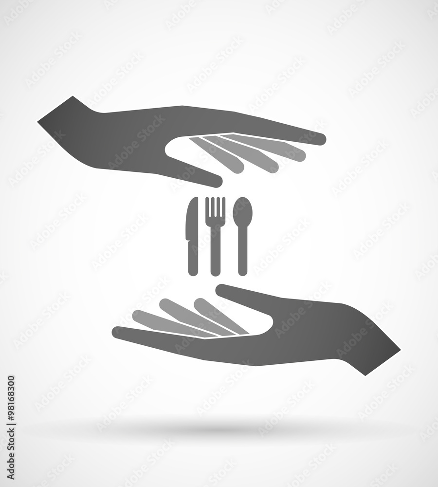 Poster Two hands protecting or giving cutlery