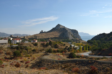 View towards Genoese Castle on mountain in Sudak, Crimea, Russia