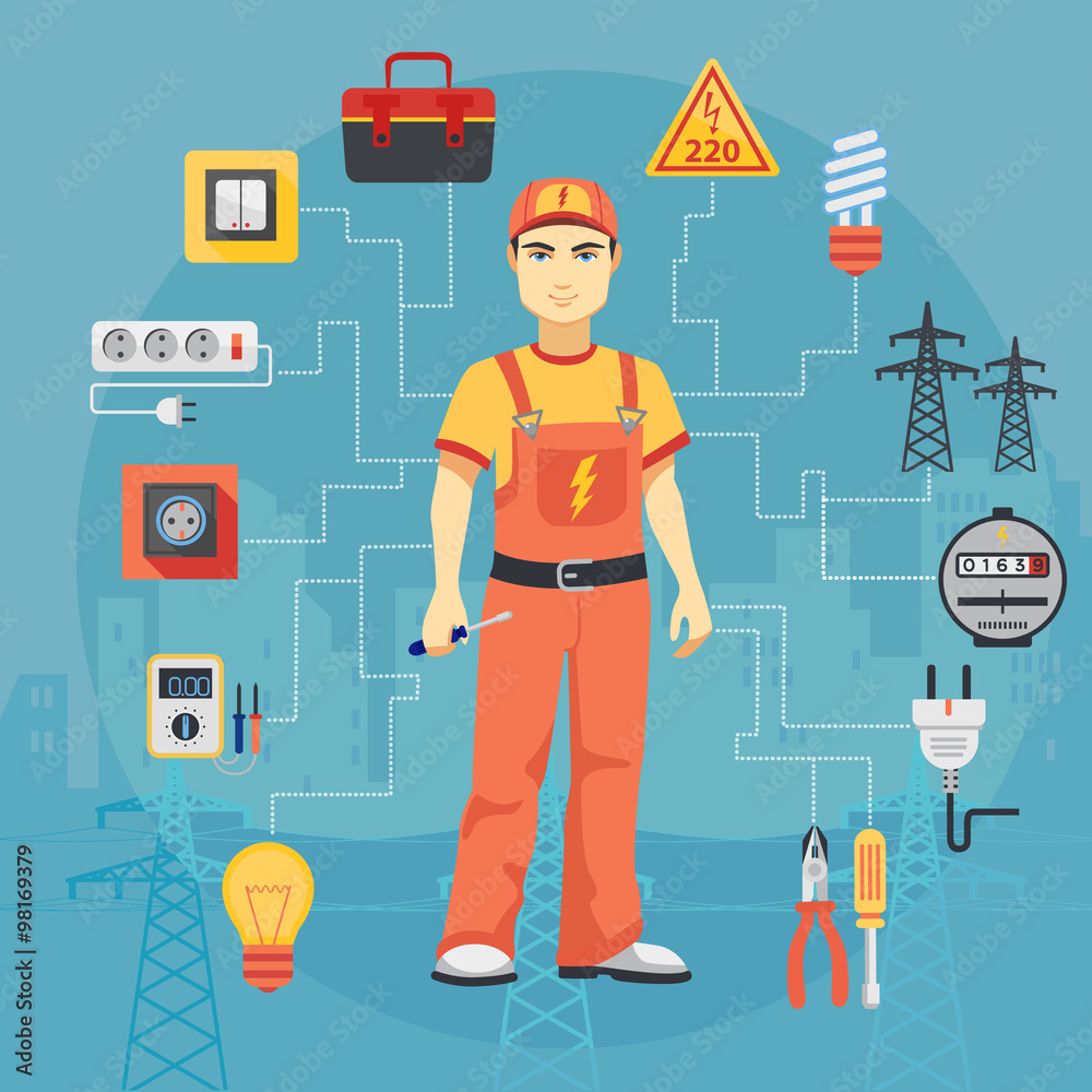 Poster electrician man concept with professional instruments tools