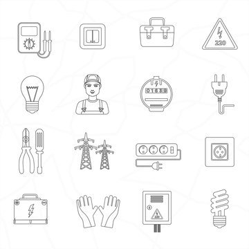 Electrician tools instruments flat thin line icons set