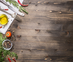ingredients for cooking vegetarian food, tomatoes, butter, herbs, colorful peppers on wooden rustic...