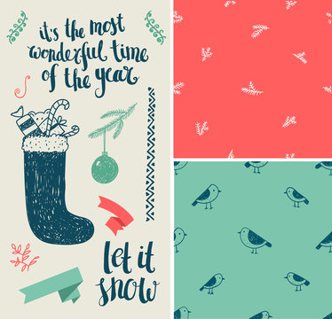 Vector Christmas, New Year set. Hand drawn winter holiday elements, seamless patterns, lettering