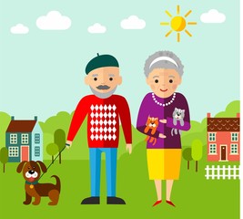 Landscape with age people on walking in flat style
