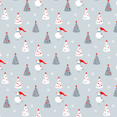 Vector pattern with snowmen and Christmas trees.