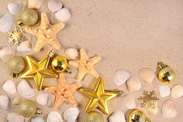 Christmas decorations, seashells and starfish