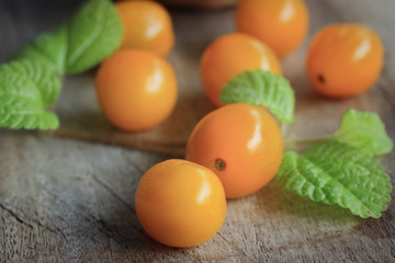 yellow tomatoes with mint leaves