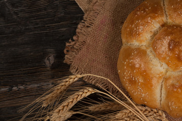 Freshly baked bread in rustic setting