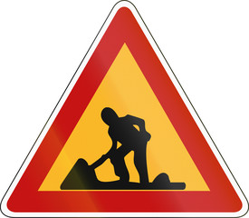 South Korean road warning sign - Workers in road ahead