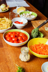 ingredients for cooking pasta and salad