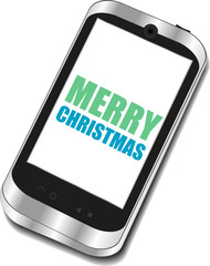 Smart phone with Merry Christmas greetings on the screen, Vector holiday card