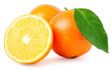 Two orange and slice isolated on white background