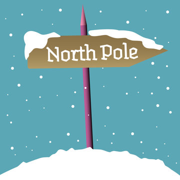 Colorful background with a signpost covered by snow and the text North Pole written on the signpost