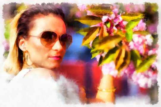 Pc watercolor illustration of a beautiful woman and flower with sun glasses.