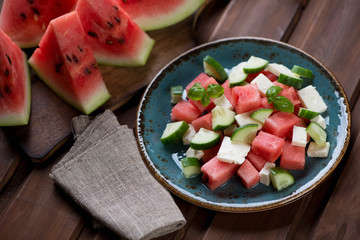 Watermelon, cucumber and bryndza cheese salad, studio shot