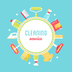 Cleaning Service Sign, Tools and Chemicals Round Background
