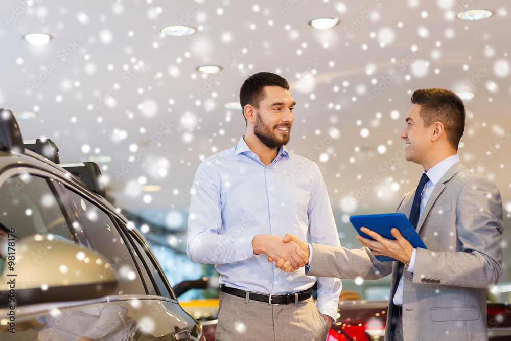 Poster happy man shaking hands in auto show or salon