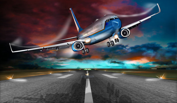 Passagierflugzeug beim Fehlanflug  mit starken Seitenwind