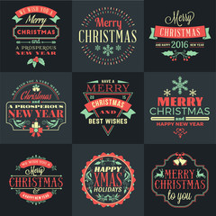 Set of Merry Christmas and Happy New Year Decorative Badges for Greetings Cards. Vector Illustration in Retro Color Theme