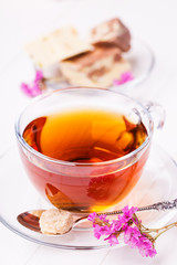 Cup of tea with halva, closeup