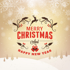 Merry Christmas and Happy New Year Greeting Card. Vintage Typographic Badge with Light Snowfall Background. Vector Illustration